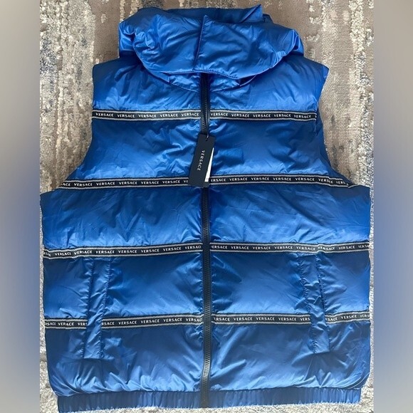 Versace Logo Tape Down Puffer Vest in Blue Size 52 NWT - Picture 1 of 10